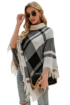 Plaid Turtleneck Fringe Hem Poncho