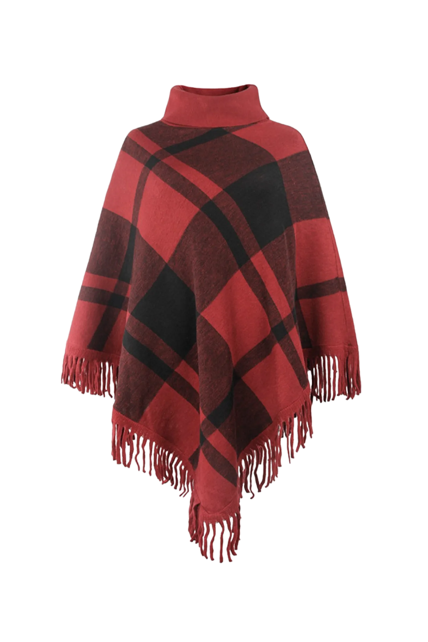 Plaid Turtleneck Fringe Hem Poncho