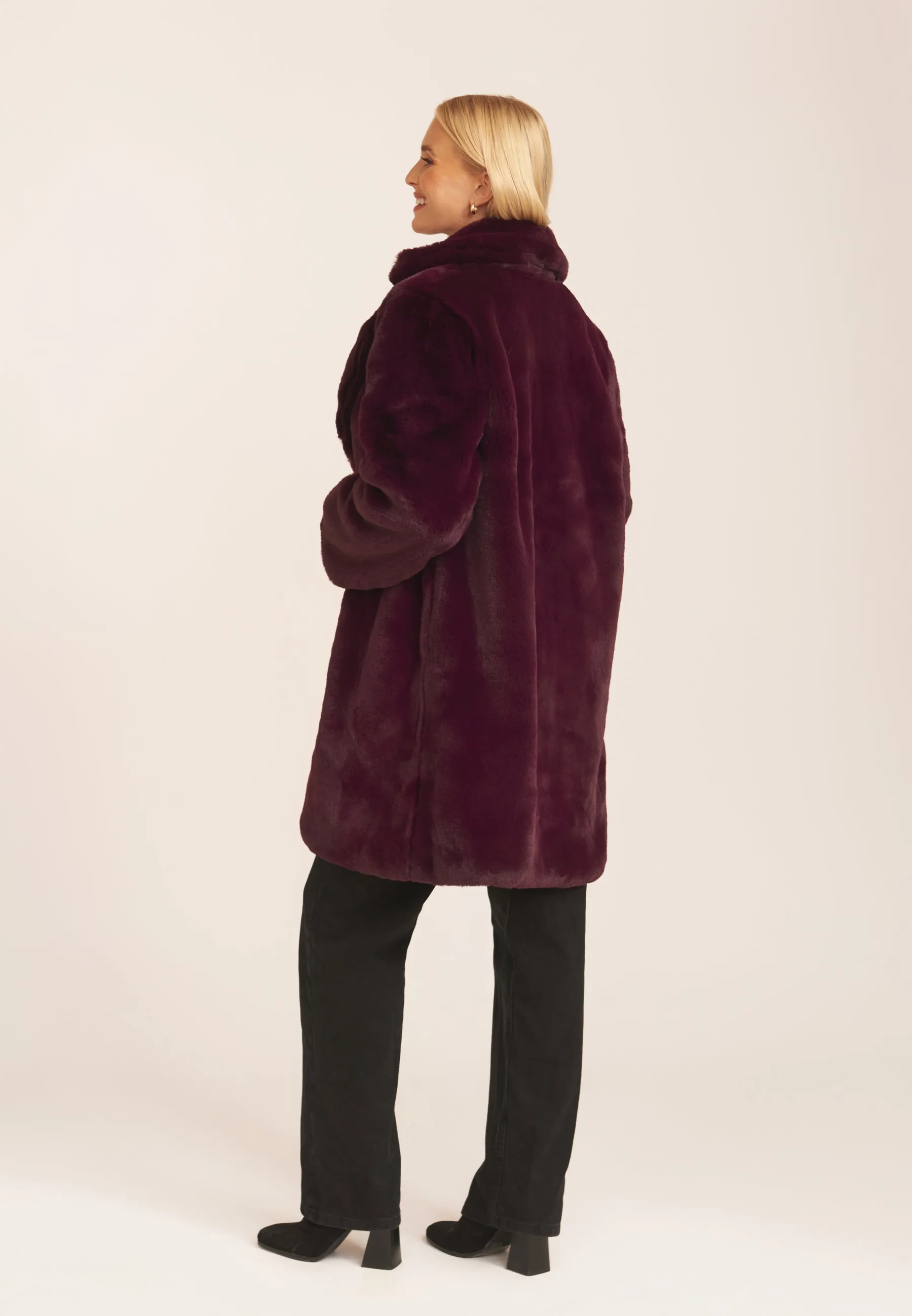 Plum Faux Fur Lapel Collar Longline Coat