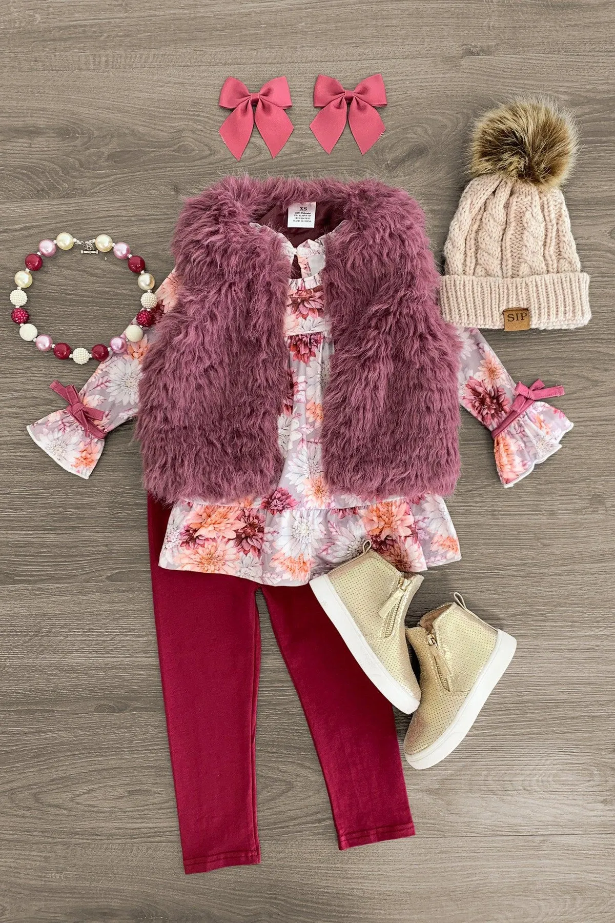 Plum Floral Fur Vest Set - 3 Piece