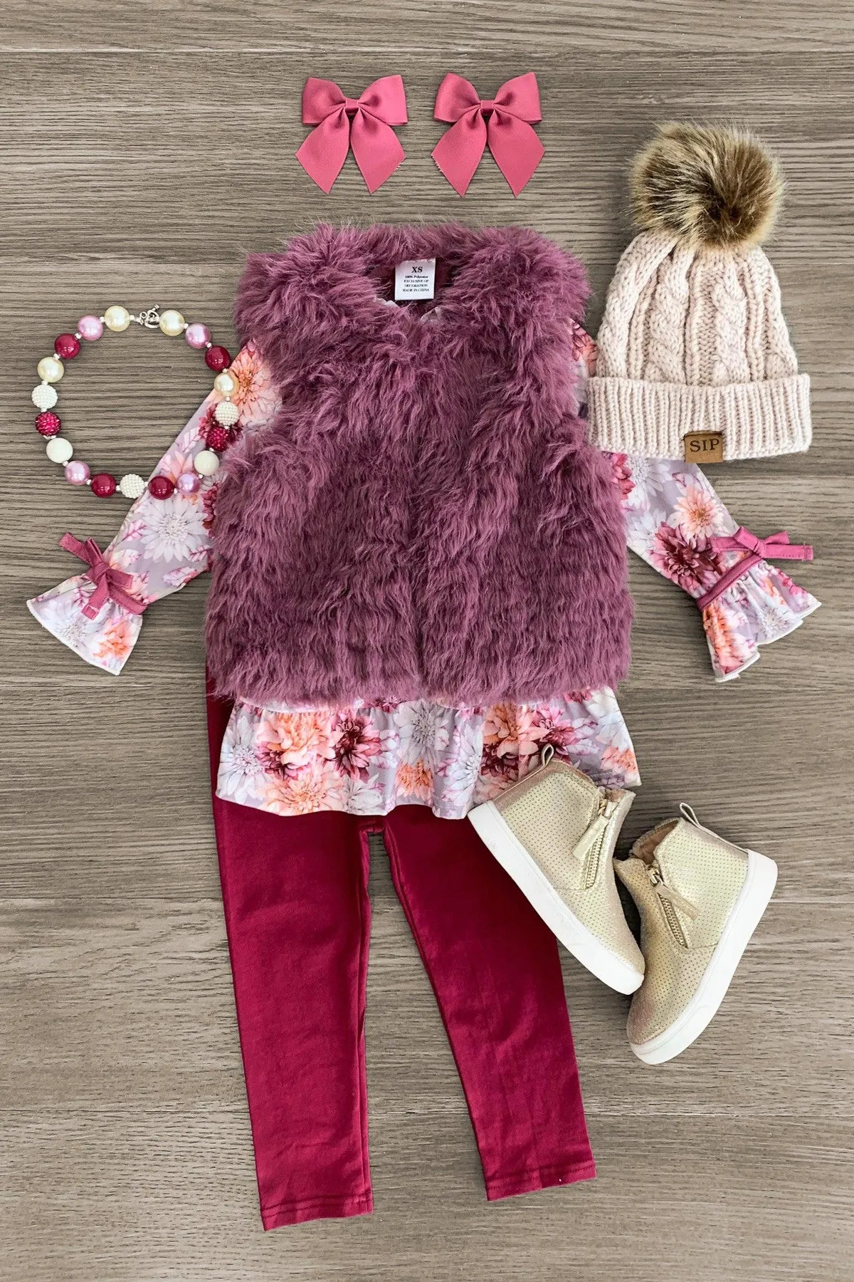 Plum Floral Fur Vest Set - 3 Piece