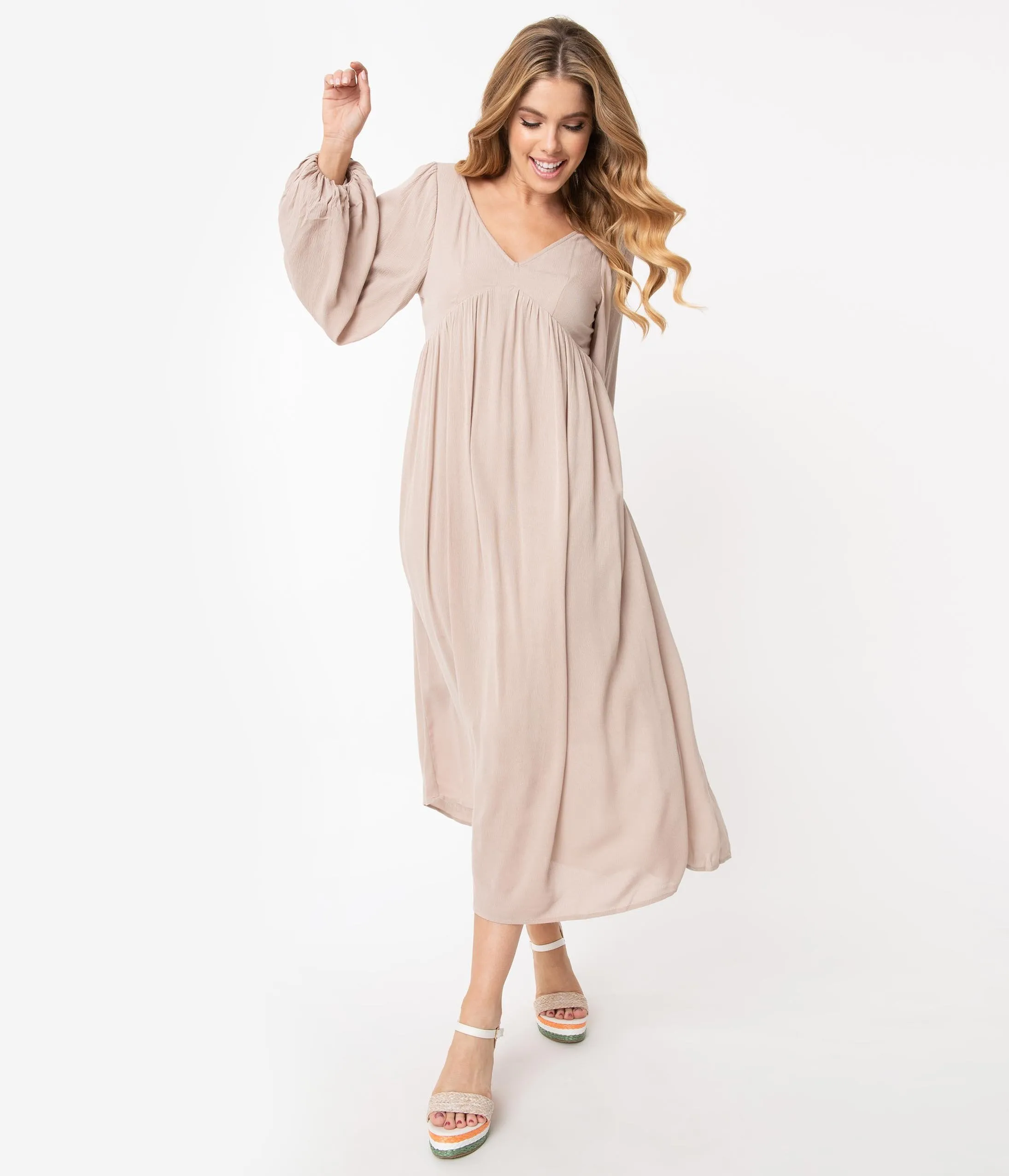 Retro Style Taupe Back Ties Midi Dress