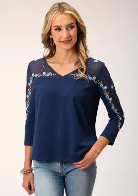 Roper Womens Floral Slub Jersey Navy 100% Cotton 3/4 Sleeve S/S Tunic