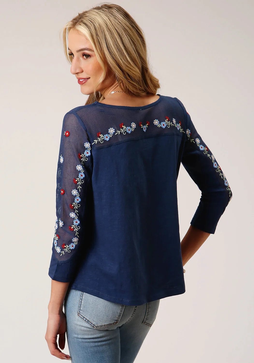 Roper Womens Floral Slub Jersey Navy 100% Cotton 3/4 Sleeve S/S Tunic