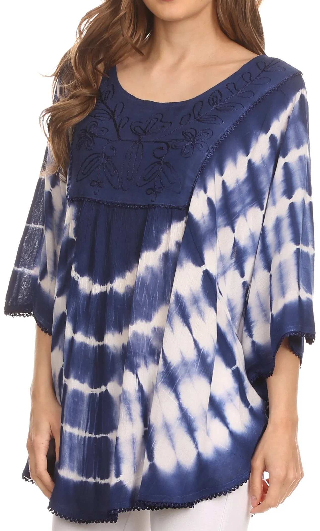 Sakkas Alannis Tie Dye Circle Poncho Top With With Wide Scoop Neck And Embroidery