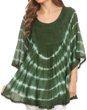 Sakkas Alannis Tie Dye Circle Poncho Top With With Wide Scoop Neck And Embroidery