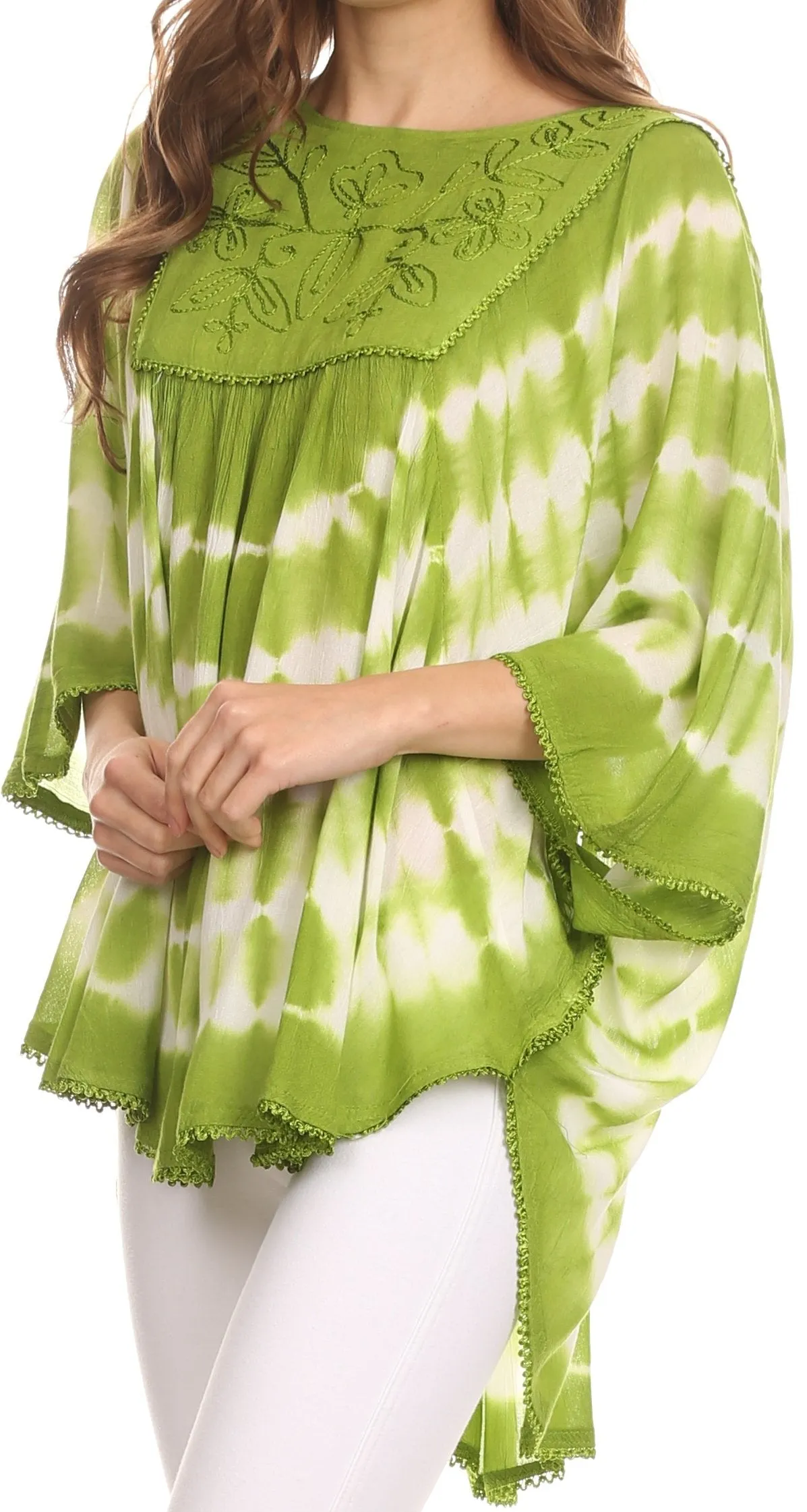 Sakkas Alannis Tie Dye Circle Poncho Top With With Wide Scoop Neck And Embroidery