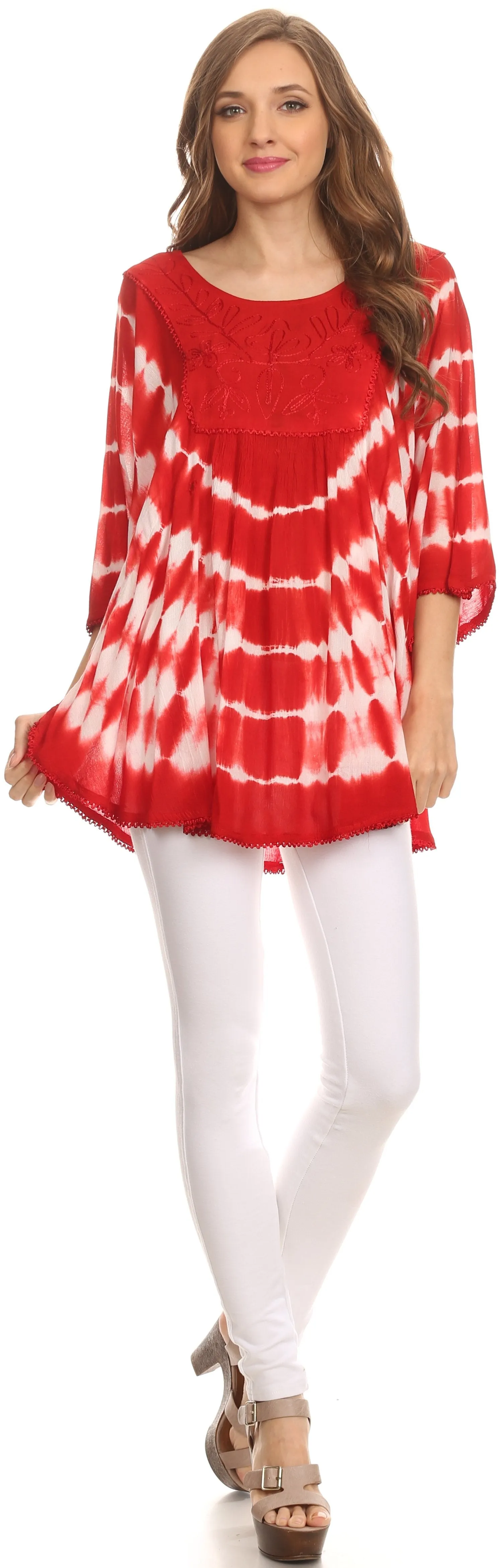 Sakkas Alannis Tie Dye Circle Poncho Top With With Wide Scoop Neck And Embroidery