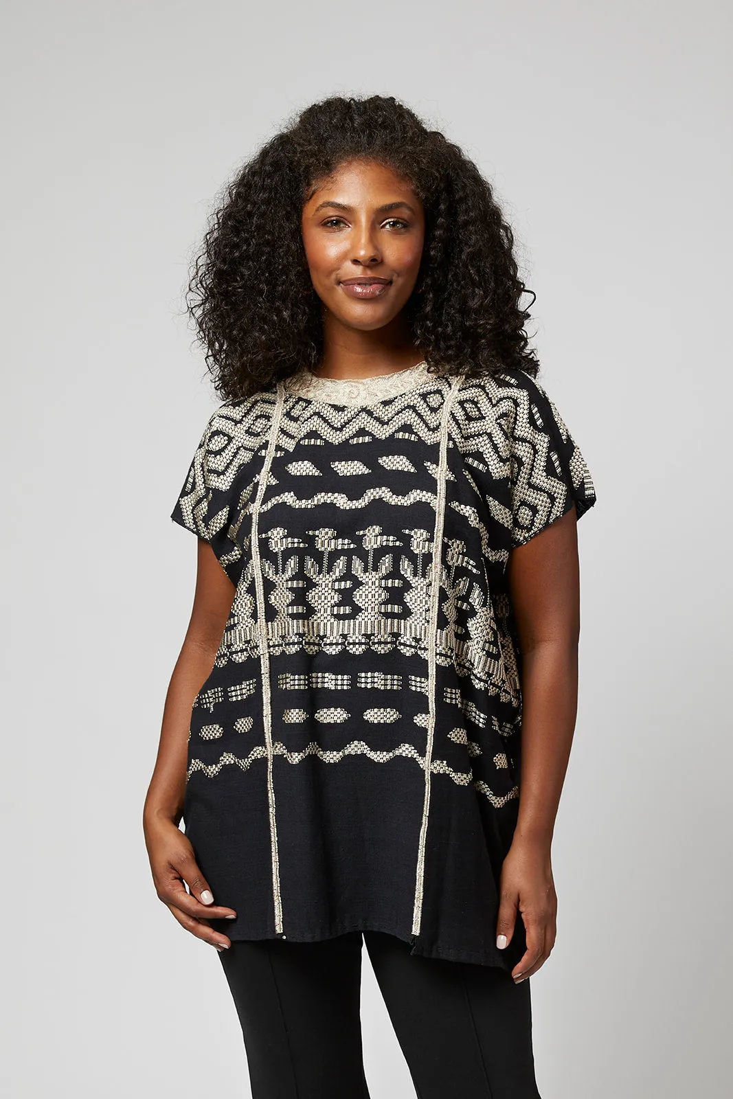 Santa Lucia Embroidered Guatemalan Tunic - Black, Taupe