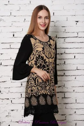 Sassy Bling Damask Scroll Tall Tunic - Mocha/Black