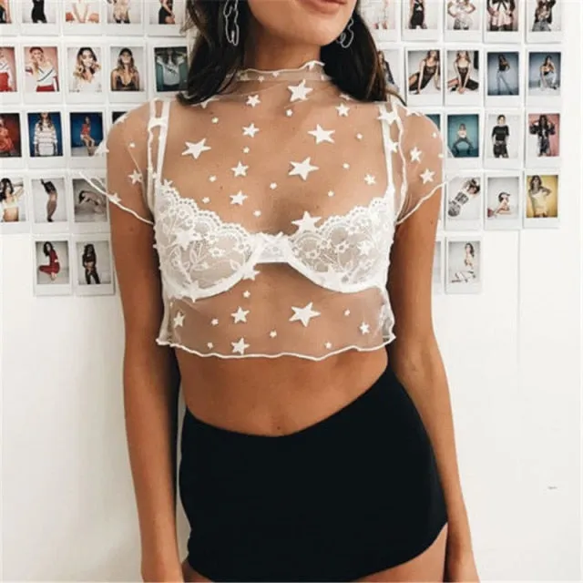 See-Through Star Sheer Mesh Crop Top