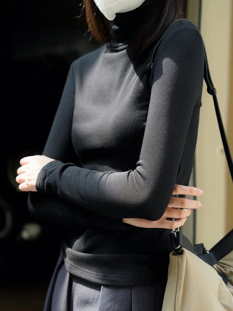 Skinny T Shirt For Female Turtleneck Long Sleeve Solid Minimalist Knitting T Shirts Womens Clothes Fashion