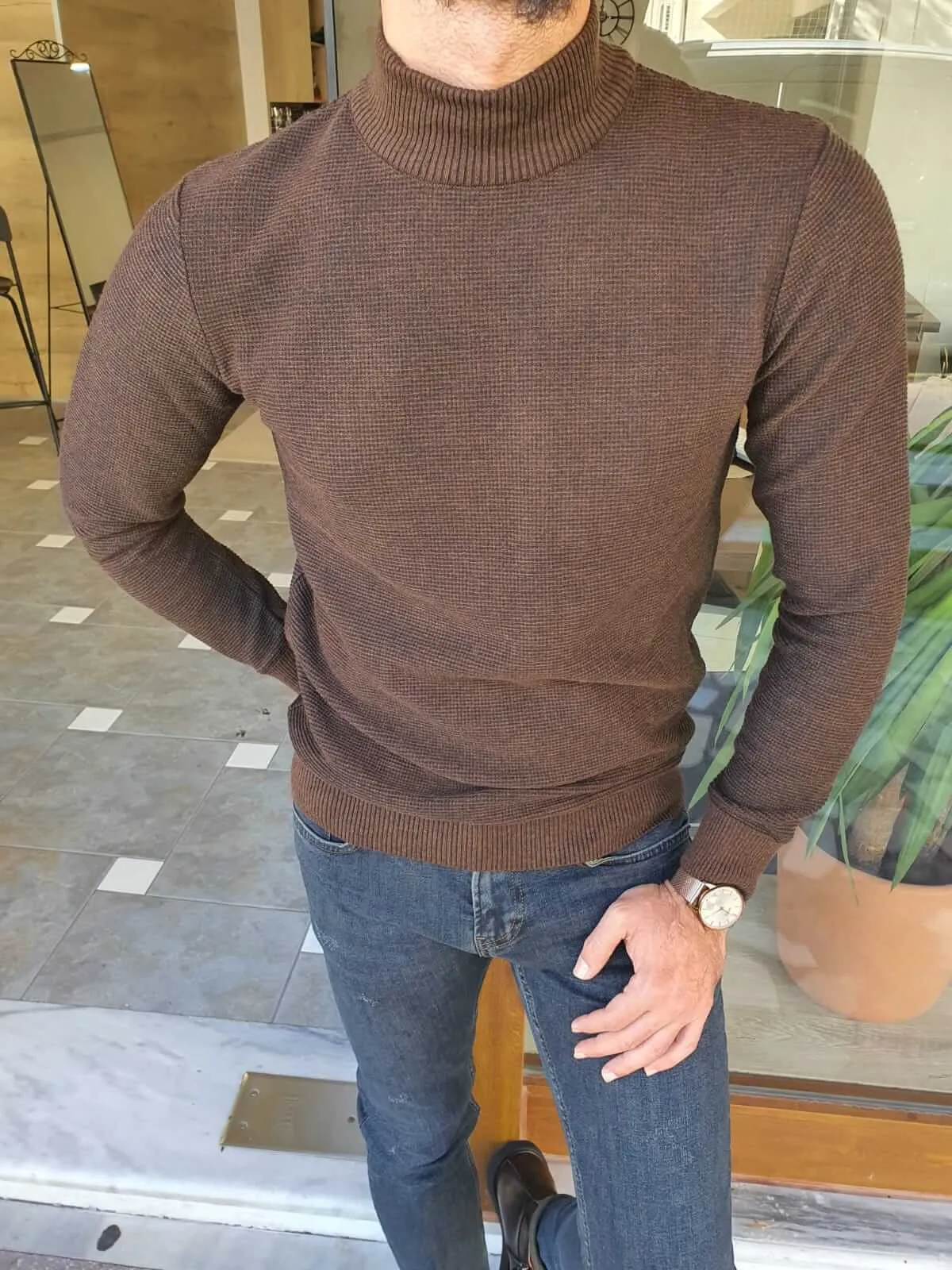 Slim Fit Brown Half Turtleneck