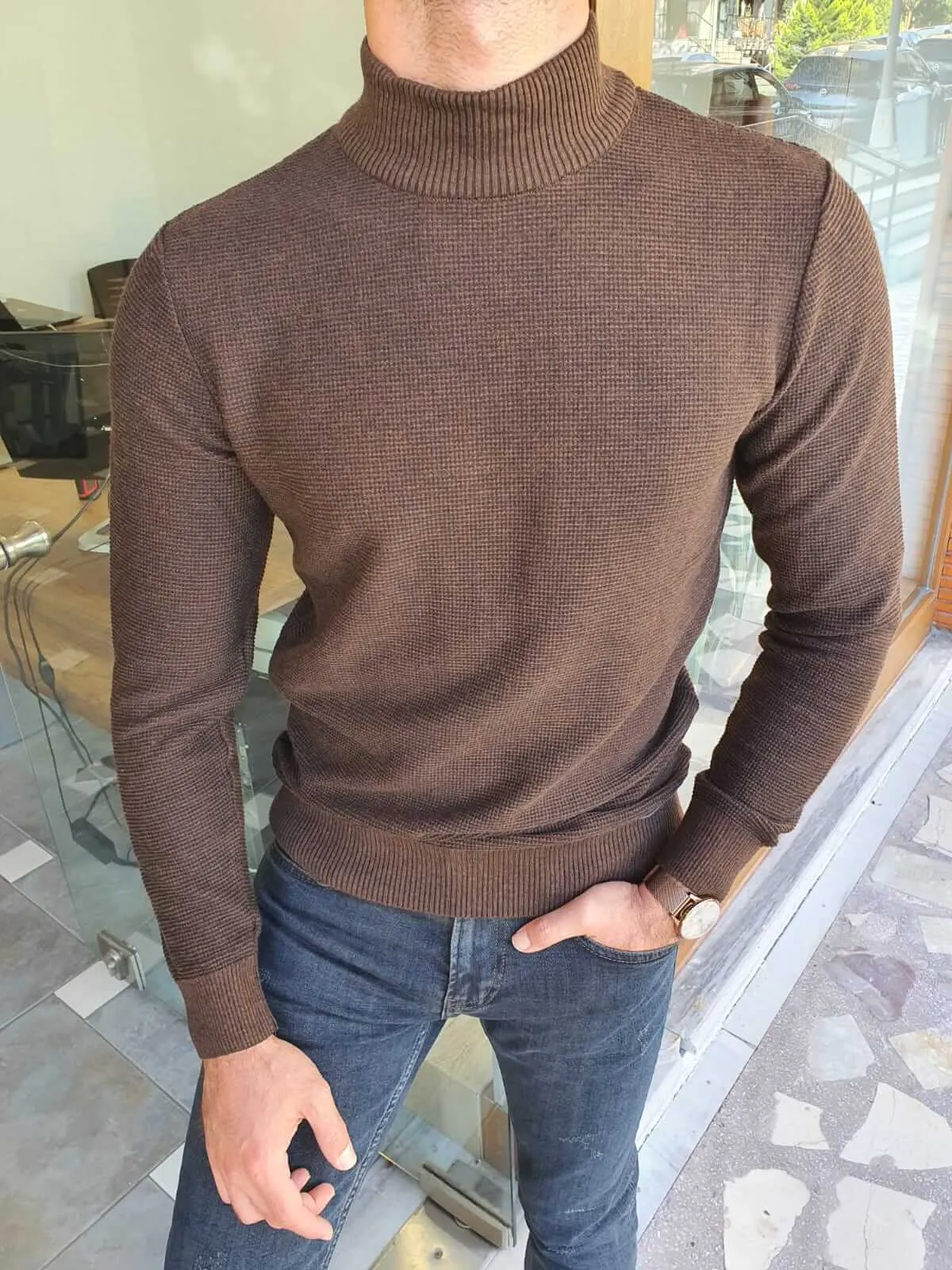 Slim Fit Brown Half Turtleneck