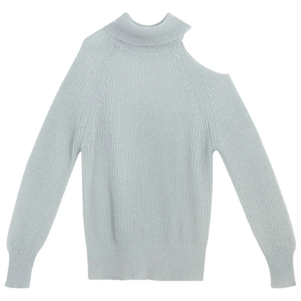 Solid Casual Knitting Sweaters For Women Turtleneck Long Sleeve Cold Shoulder Loose Pullover Sweater Female