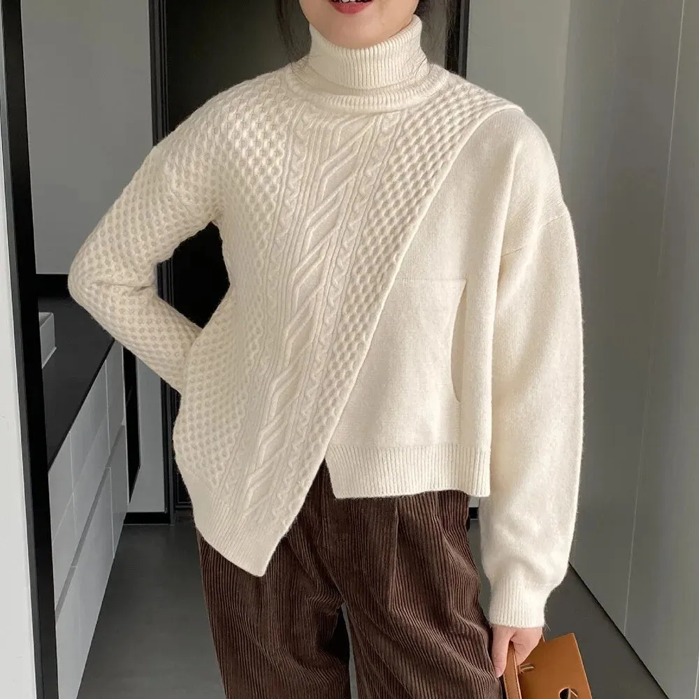 Solid Irregular Sweaters For Women Turtleneck Long Sleeve Patchwork Pockets Pullover Sweater Female Fashion Clothes