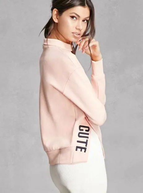 SOLID PINK CASUAL SWEATSHIRTS WOMEN TURTLENECK LONG SLEEVE