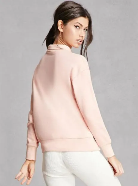 SOLID PINK CASUAL SWEATSHIRTS WOMEN TURTLENECK LONG SLEEVE