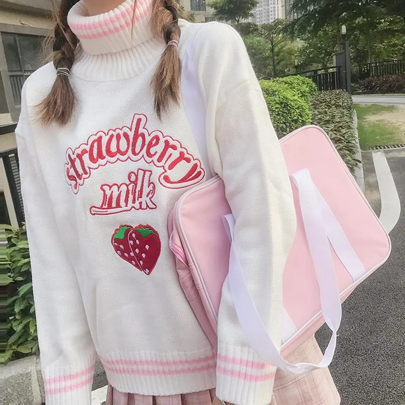 Strawberry Turtleneck Knitted Tops