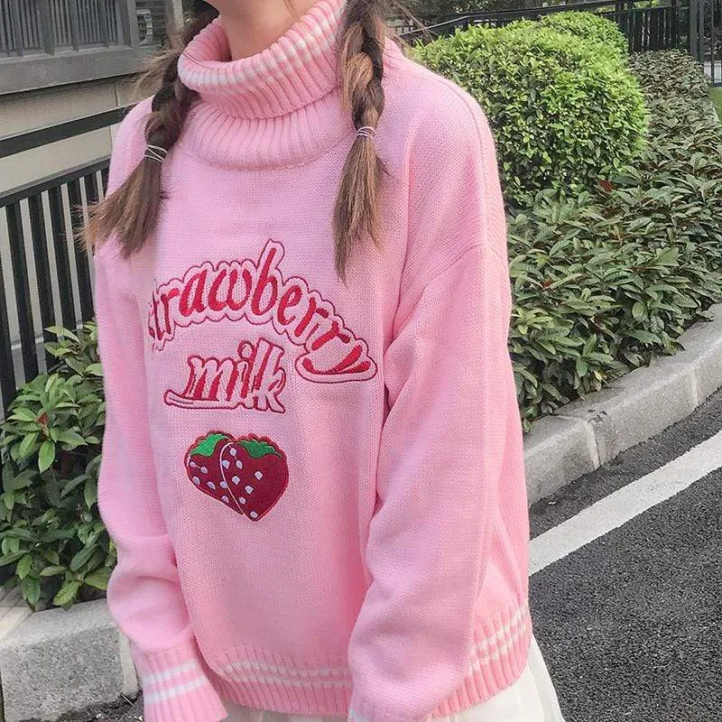 Strawberry Turtleneck Knitted Tops