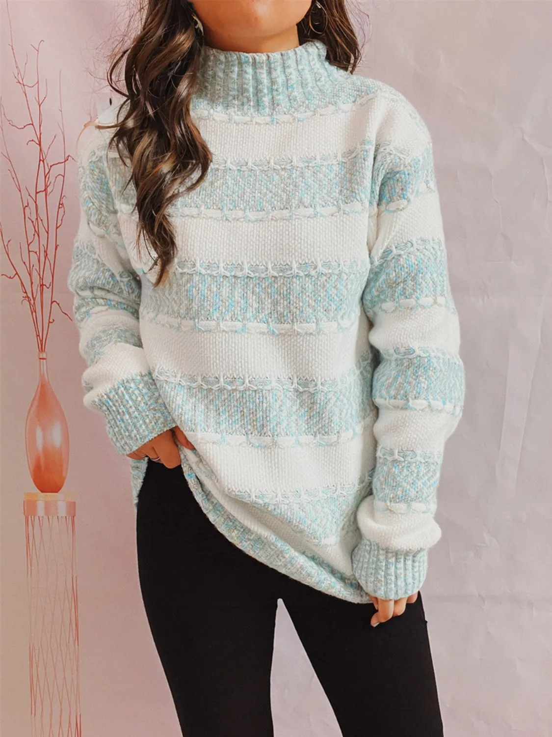 Striped Turtleneck Long Sleeve Sweater