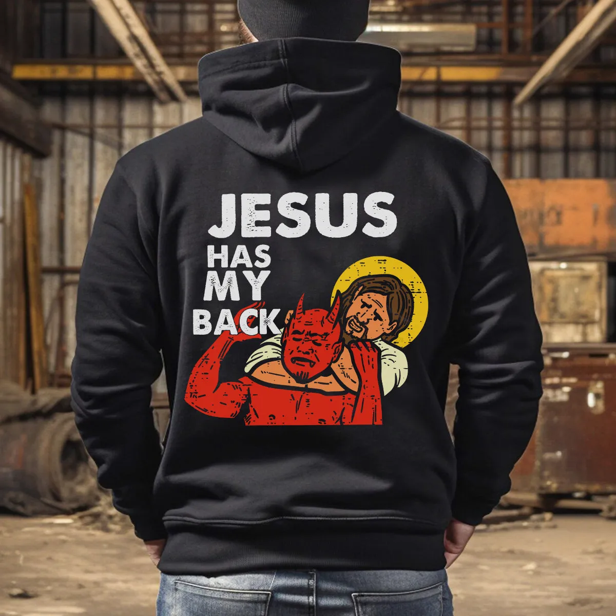 Teesdily | Jesus Red Devil Casual Shirt, Jesus Has My Back Hoodie Sweatshirt Mug, Bible Verse Pullover Religious Crewneck, Faith Based Apparel