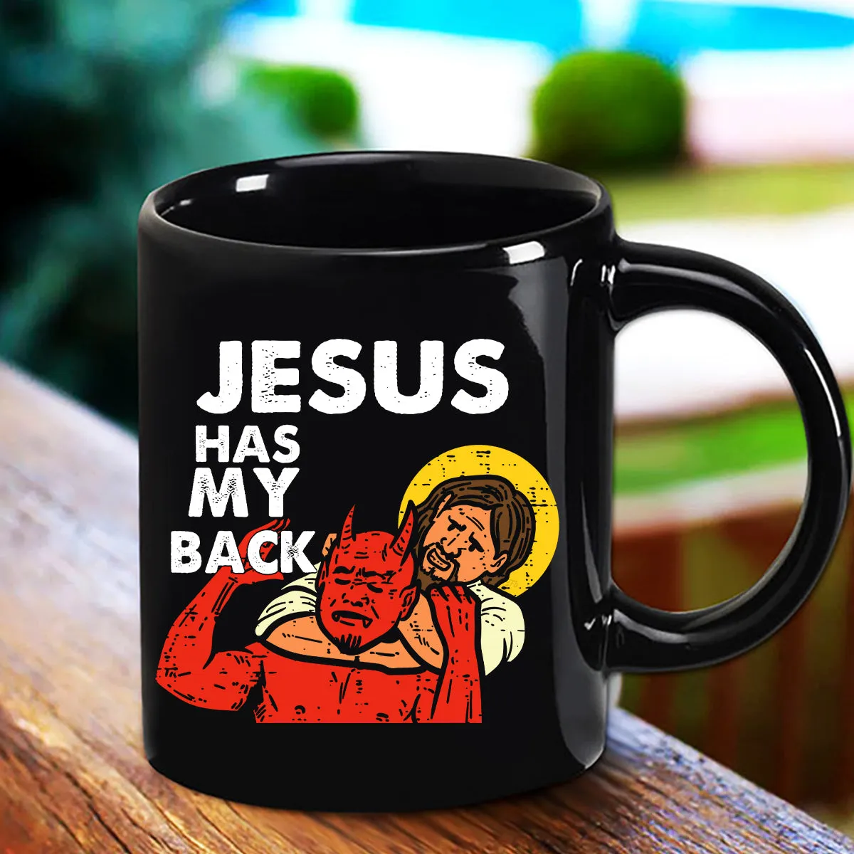 Teesdily | Jesus Red Devil Casual Shirt, Jesus Has My Back Hoodie Sweatshirt Mug, Bible Verse Pullover Religious Crewneck, Faith Based Apparel