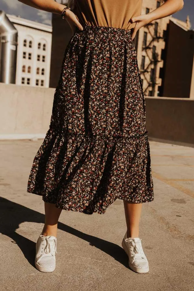 Tiara Floral Midi Skirt in Black