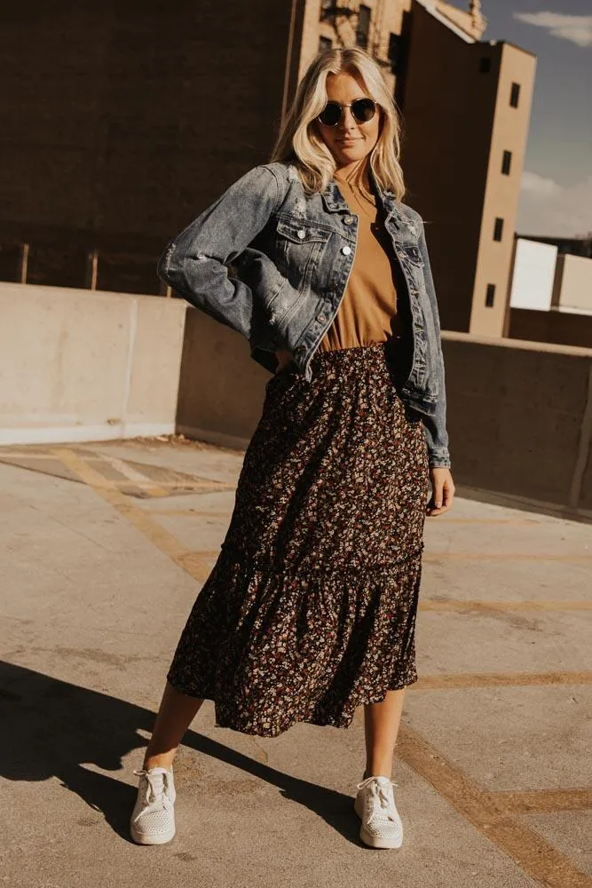 Tiara Floral Midi Skirt in Black