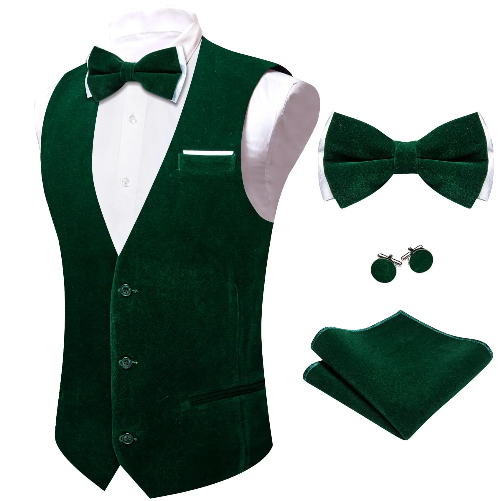 Ties2you Dress Vest Dark Green Solid V-Neck Waistcoat Mens Suede Leather Vest Bow Tie Set