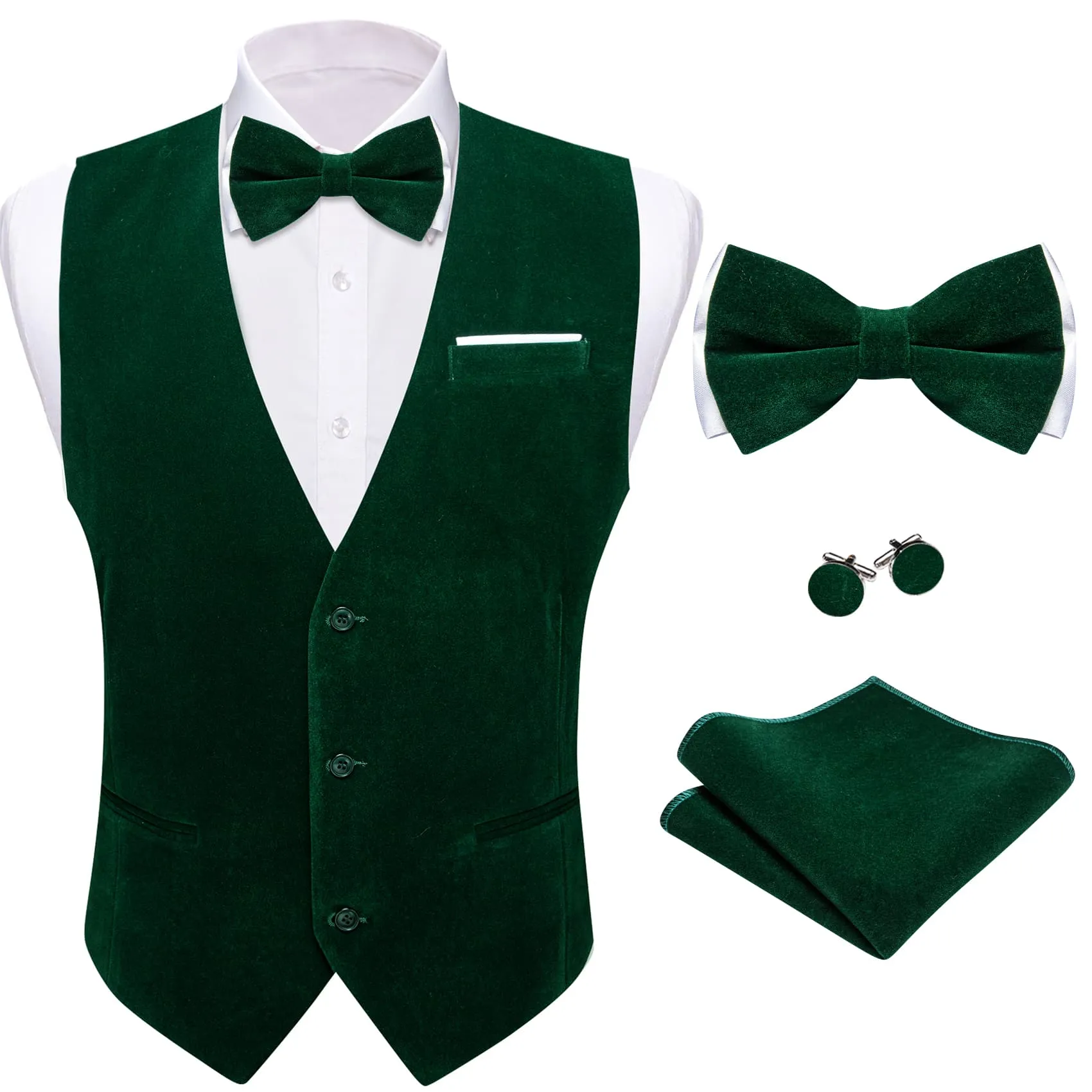 Ties2you Dress Vest Dark Green Solid V-Neck Waistcoat Mens Suede Leather Vest Bow Tie Set