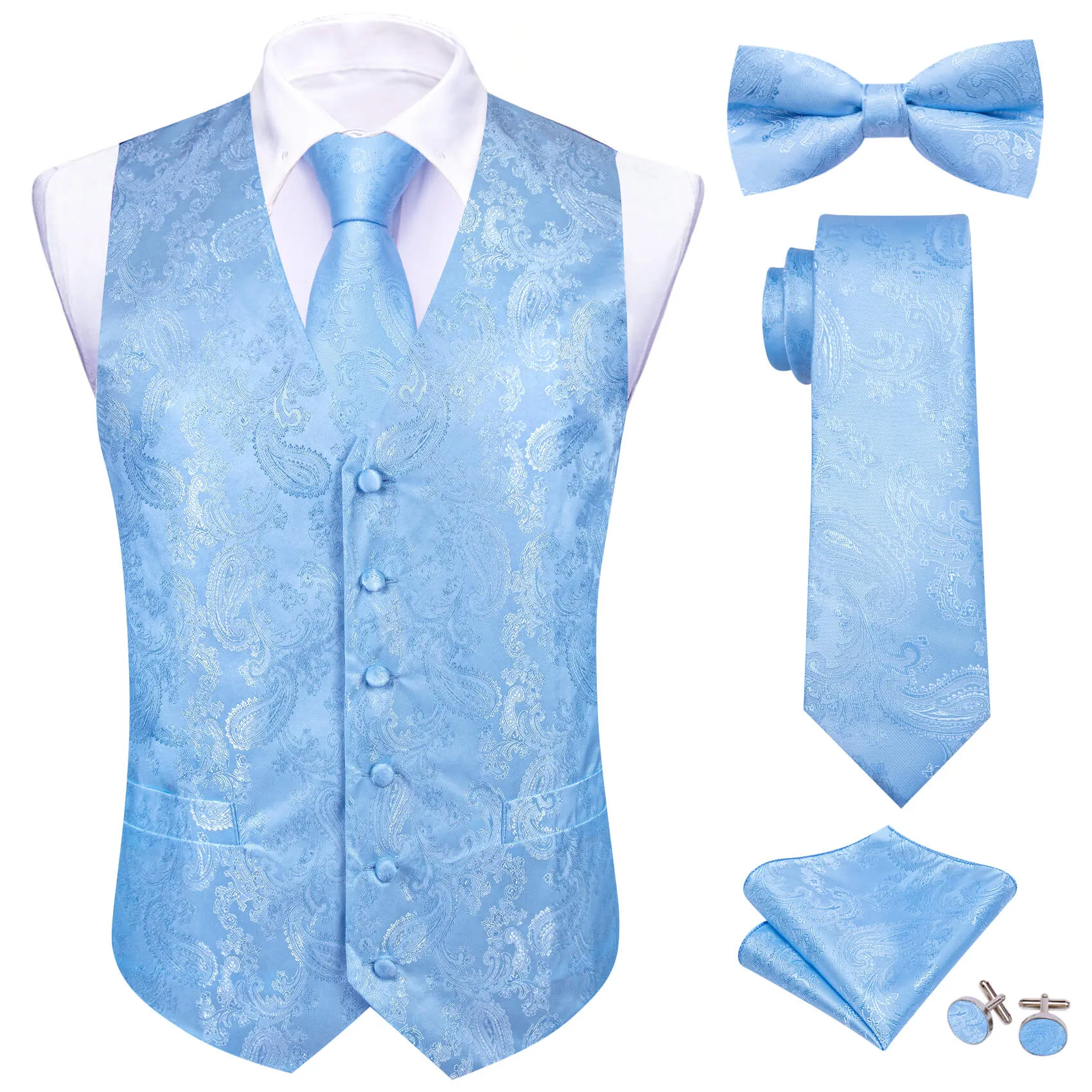 Ties2you Men's Vest Arctic Blue Paisley Vest Tie Bow Tie Set 5PC