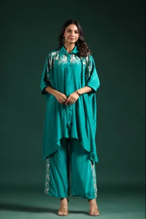 Turquoise Blue Embroidered Habutai Silk Co-Ord Set