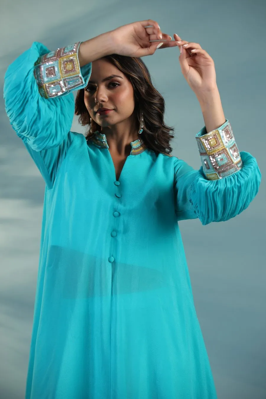 Turquoise Embroidered Tunic With Dhoti Pants