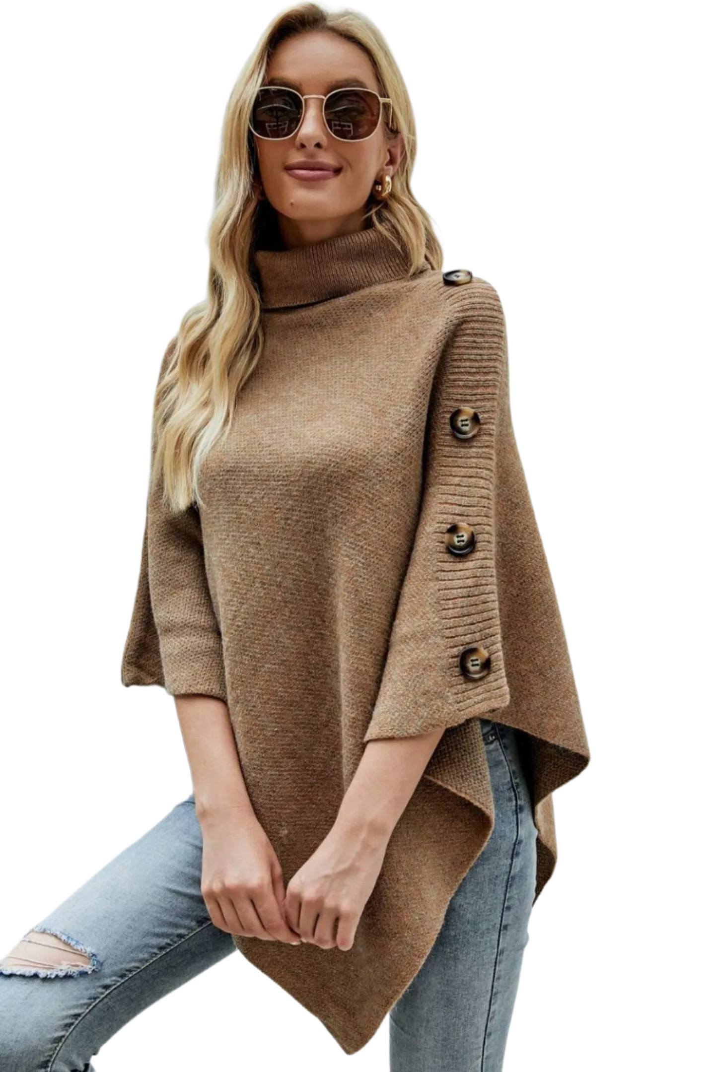 Turtleneck Buttoned Poncho