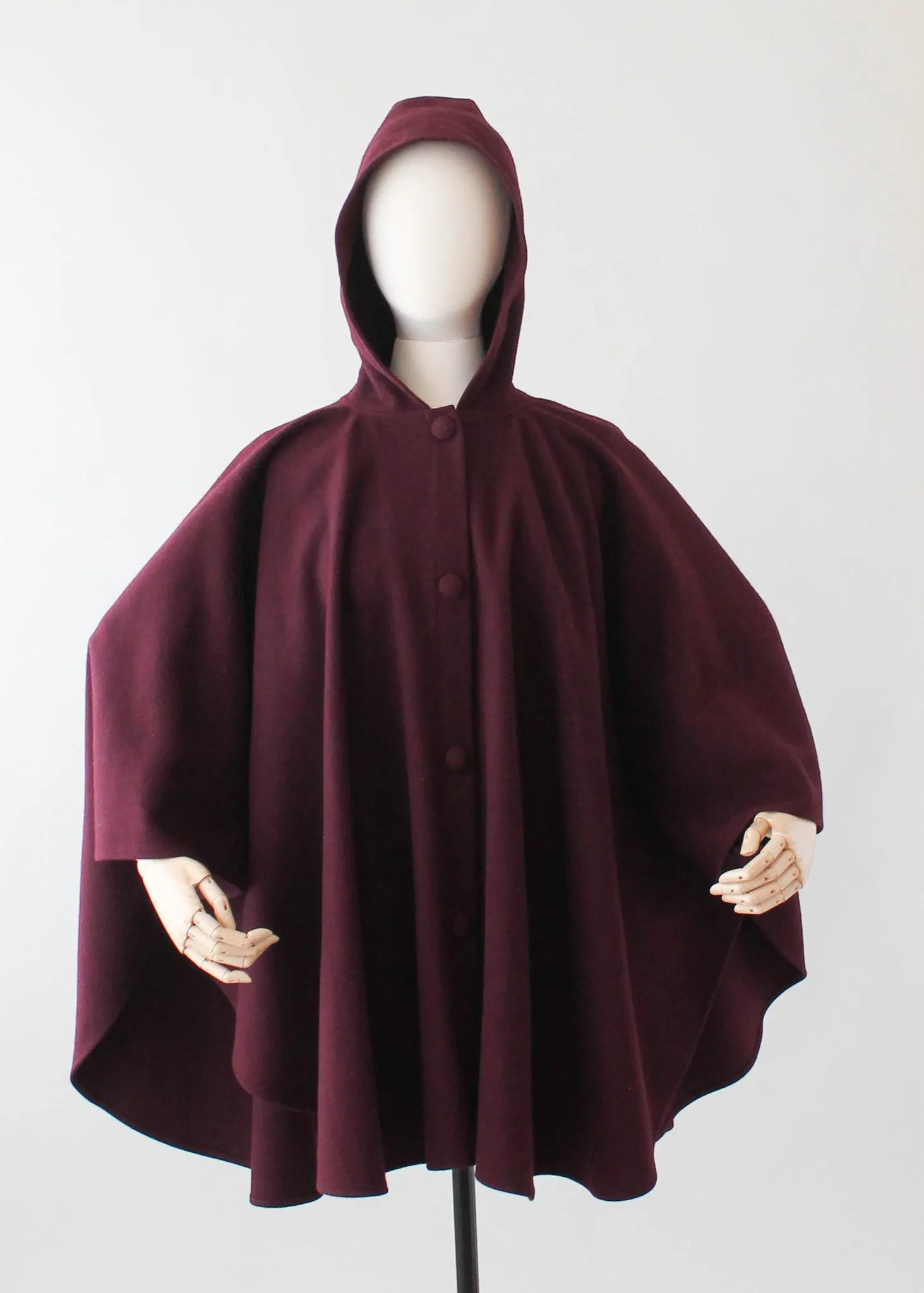 Vintage 1970s Plum Wool Hooded Poncho Cape