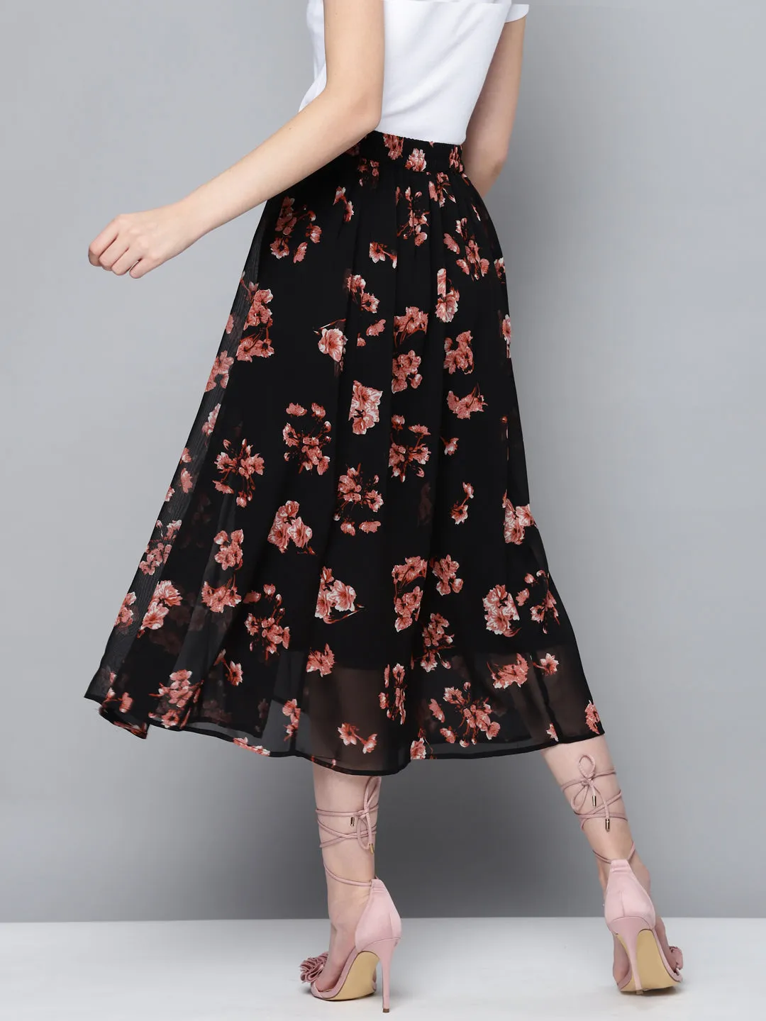 Women Black Floral A-Line Skirt