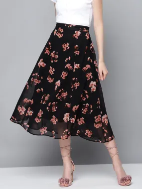 Women Black Floral A-Line Skirt