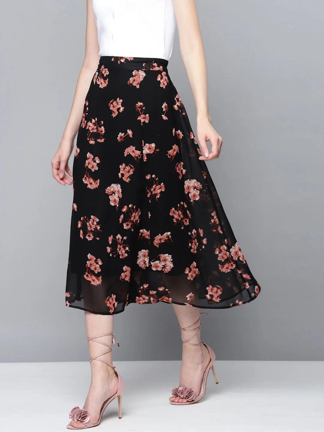 Women Black Floral A-Line Skirt