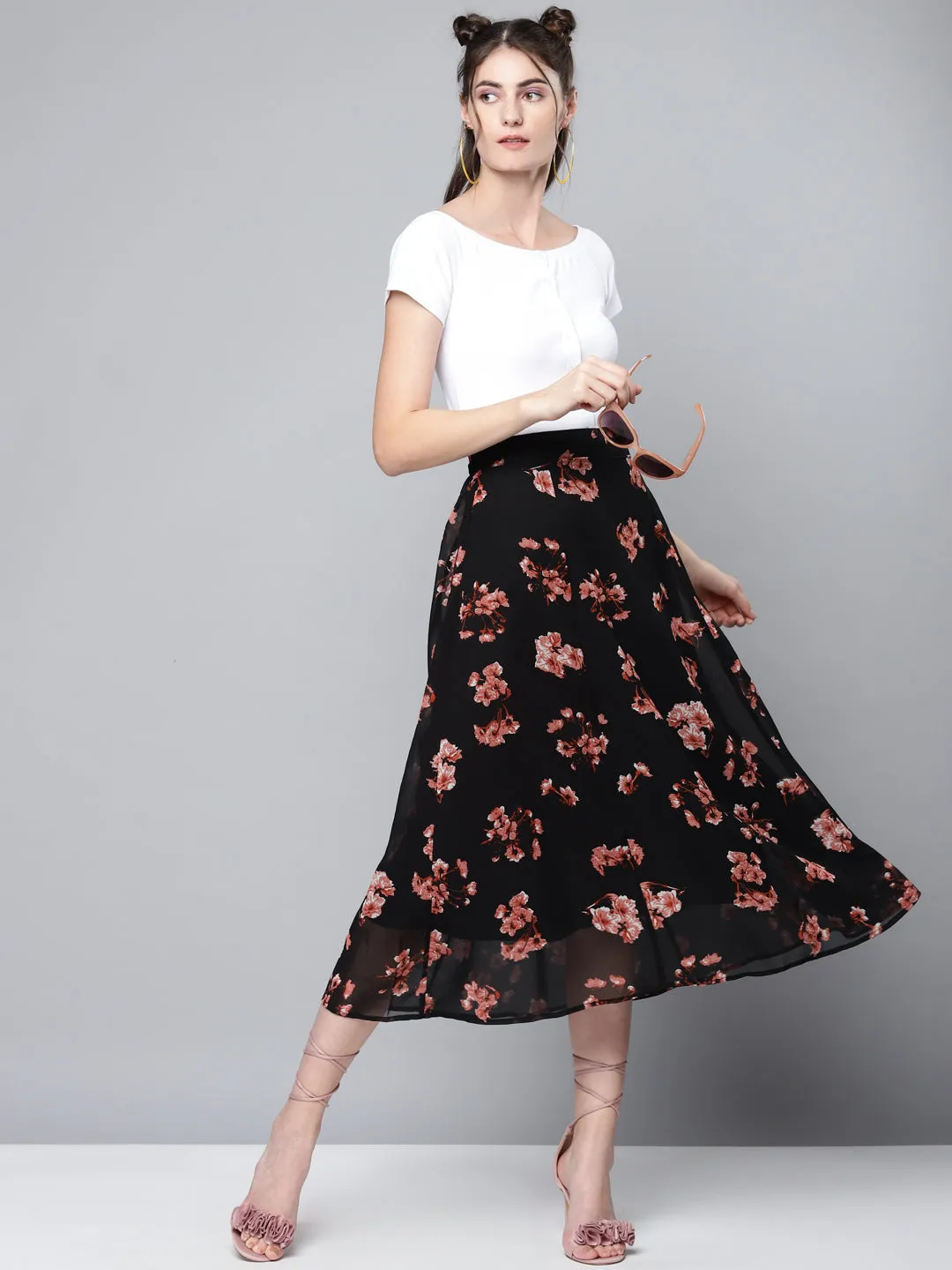 Women Black Floral A-Line Skirt