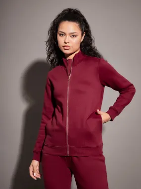 Women Maroon Fleece Zipper Jacket