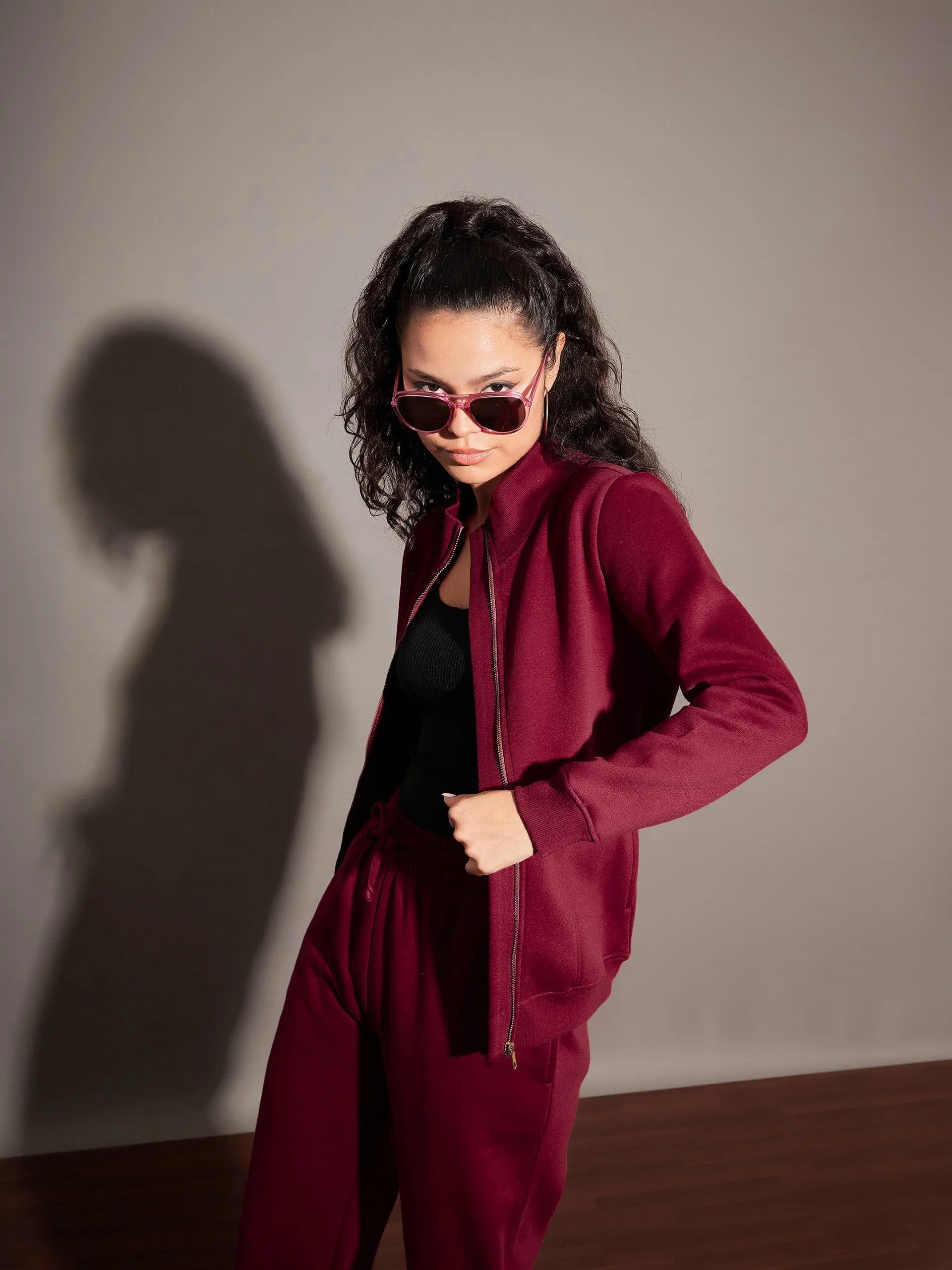 Women Maroon Fleece Zipper Jacket