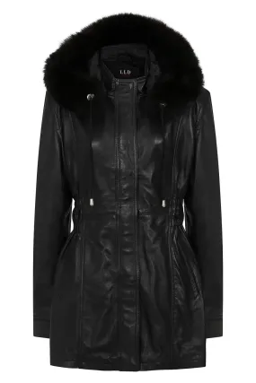 Women's Detachable Fur Trimmed Hood Black Real Leather Jacket Coat - 'BARBARA'