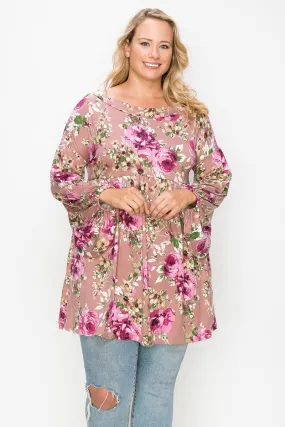 Women's Plus Floral, Bubble Sleeve Tunic Top