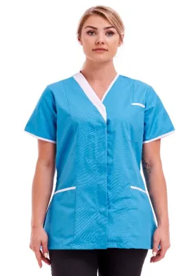 Women's Poly Cotton Asymmetric V Neckline Tunic for Nurses and Care Homes | Size S to XL | FUL04 Turquoise