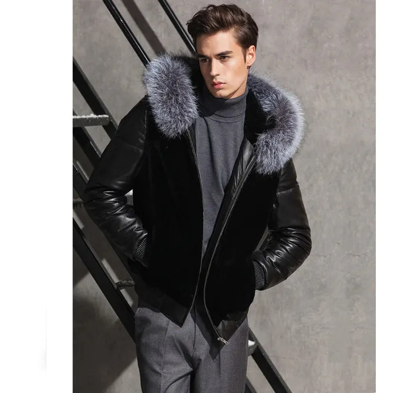 xiangtuibao Autumn Winter New Faux Leather Coat Fur Collar Hooded Menswear Luxury Brand Fur Coat Short Tops Plus Size Slim Jacket