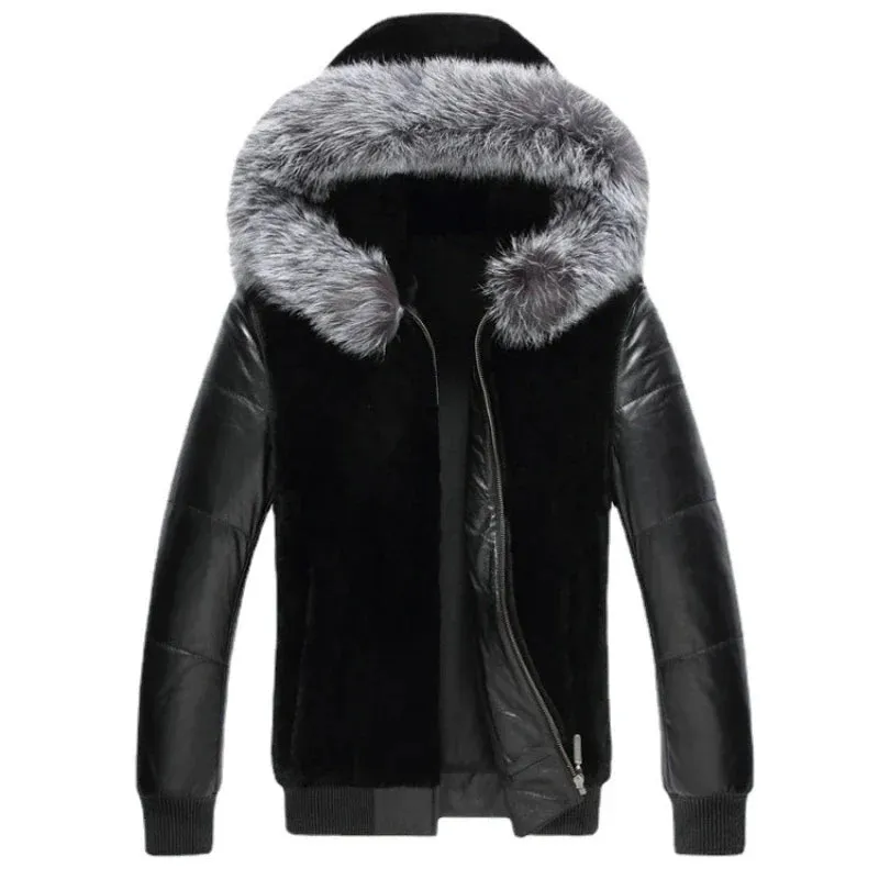 xiangtuibao Autumn Winter New Faux Leather Coat Fur Collar Hooded Menswear Luxury Brand Fur Coat Short Tops Plus Size Slim Jacket